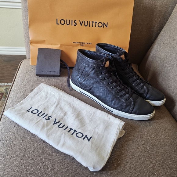 Louis Vuitton High Top Leather Brown Sneakers LV Logo Size 9, US 10 - Picture 1 of 16